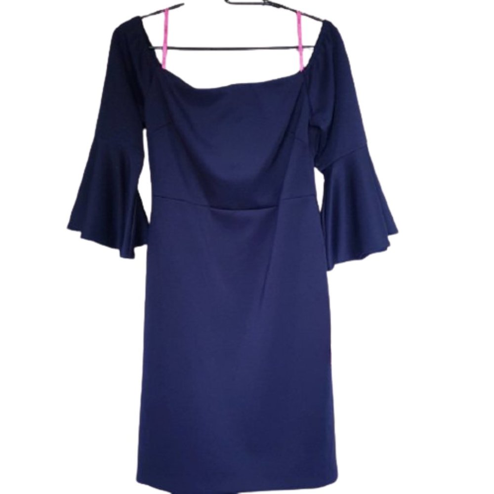 Womens 10 Betsey Johnson Dark Academia Minimalist Navy Dress With Bell Sleeves